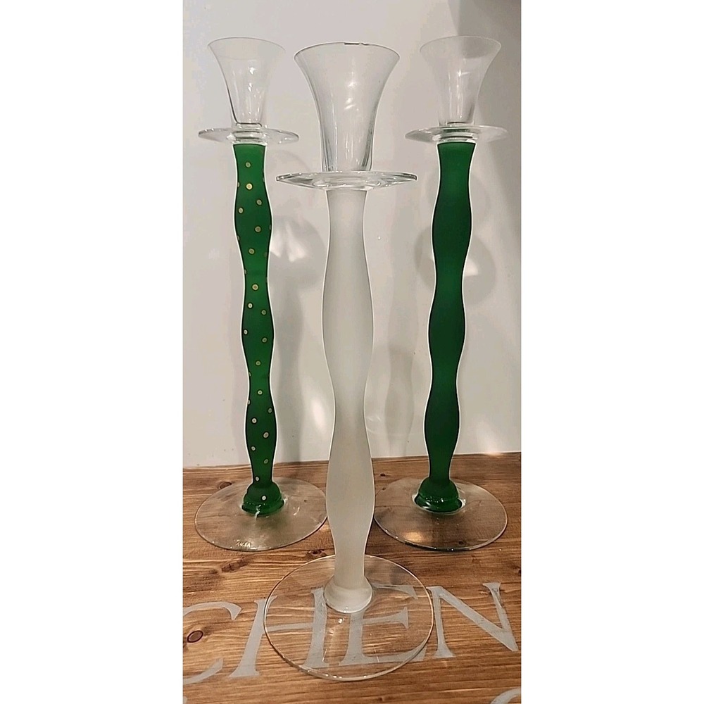 Set of 3 Orrefors Anne Nilsson CELESTE‎ Green & Gold Candle Holders